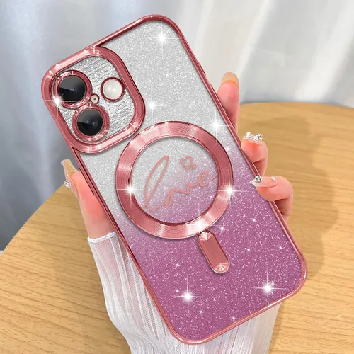 Vista 65 de ZIYE - Funda magnética diseñada para iPhone 13 con purpurina, color negro Luxury Plating Love Heart Compatible with MagSafe Camera Protection