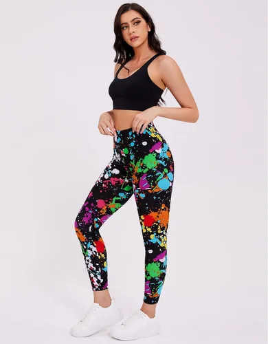 Vista 3 de sissycos - Leggings elásticos y suaves para mujer, con estampado salpicado artístico de neón y estilo de los años 80