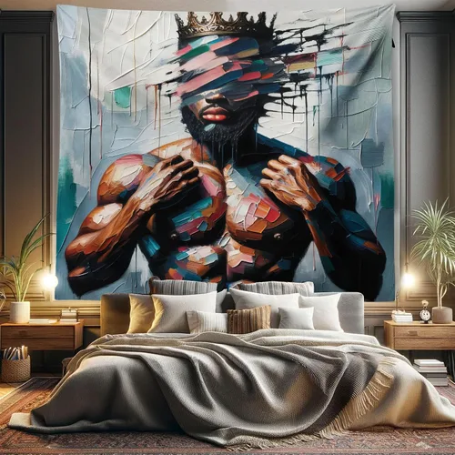 Vista 287 de Ambesonne Tapiz de arte afro, hombre negro fuerte con una corona de trazos impresión de pintura moderna, decoración de tela para colgar en la pared