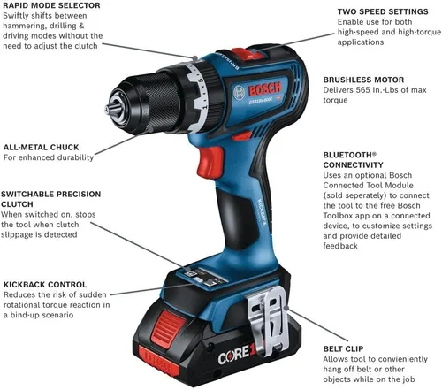 Vista 2 de Bosch GSB18V-800CB24 1/2 pulg. Kit de taladro percutor/taladro sin escobillas listo para conectar con (1) batería CORE18V® de 4 Ah de potencia