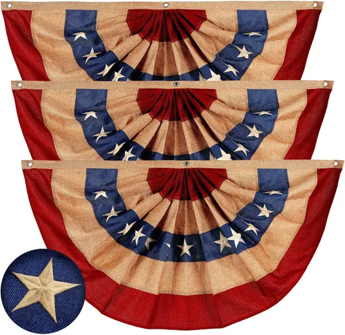 Vista 15 de G128 Paquete de 10: Banderines patrióticos estadounidenses y bandera desplegable de Betsy Ross, 13 estrellas bordadas en patrón circular con 5 rayas