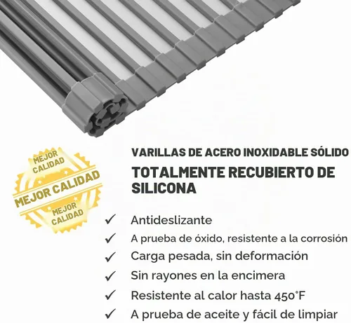 Vista 6 de Escurridor de platos enrollable multiusos de acero inoxidable recubierto de silicona sobre el fregadero, 17.2"X12.2", resistente al calor