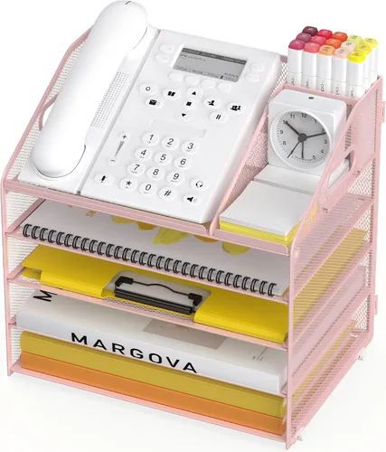 Vista 12 de Bandeja de papel para cartas, organizador de escritorio de 4 niveles con soporte para bolígrafo y asa, organizador de archivos de malla