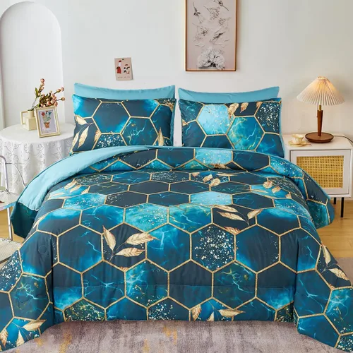 Vista 15 de ZRNBAST - Juego de edredón de nido de abeja negro de tamaño completo de 7 piezas, ropa de cama hexagonal suave y ligera, de mármol para todas