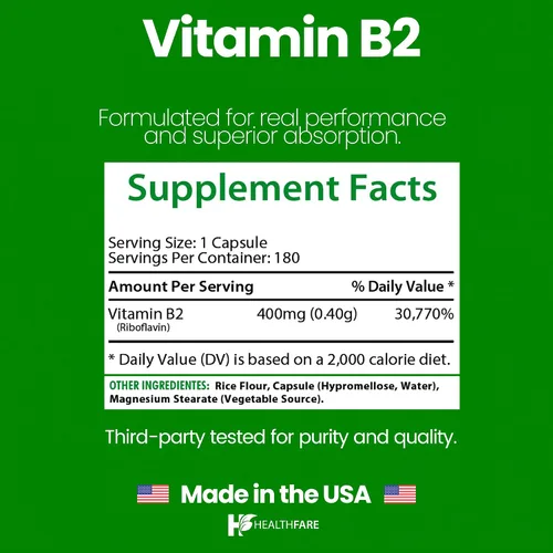 Vista 3 de Healthfare Riboflavina de vitamina B2 de 400 mg 180 cápsulas veganas Alta potencia Sin OMG Sin gluten Fabricado en Estados Unidos