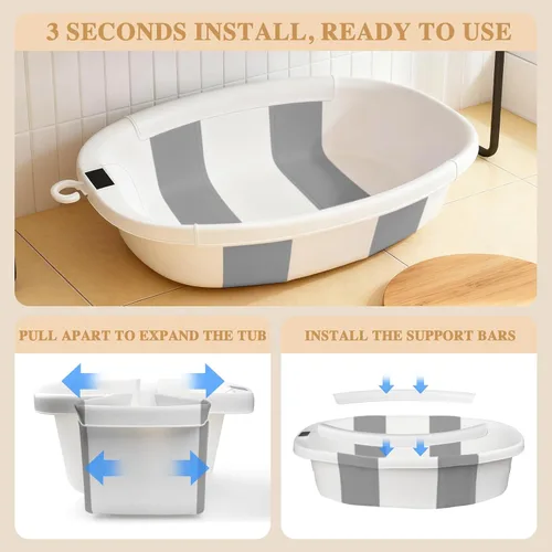 Vista 8 de Bañera para bebé EverKiddo, tina de baño para bebé con termómetro y cojín suave, bañera plegable para bebés de recién nacidos a niños pequeños de 0