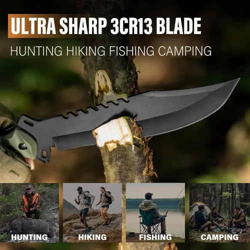 Vista 3 de Dispatch Cuchillo de caza de supervivencia con funda, cuchillo táctico Bowie de hoja fija de espiga completa de 13.5 pulgadas con parte trasera