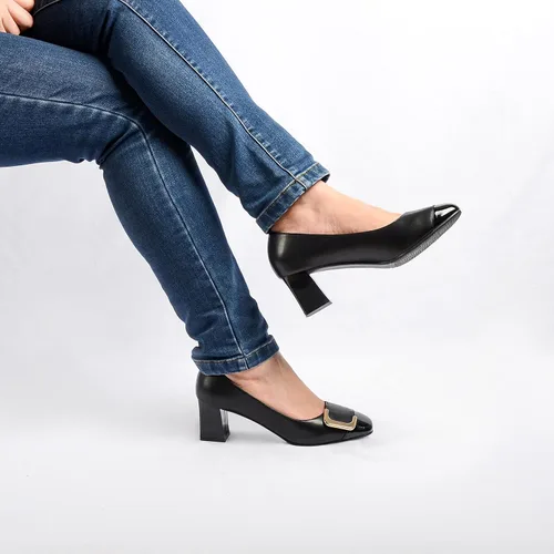 Vista 6 de ANN CREEK Zapatos de tacón bajo para mujer, zapatos de oficina de dos tonos, punta cuadrada, tacón grueso, de 2.4 pulgadas, Negro
