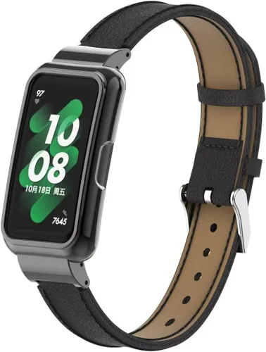 Vista 2 de Bandas compatibles con Huawei Band 10/9/8/7, accesorios de correa de repuesto de cuero con marco de metal para Huawei Band 7/8/9/10 Negro