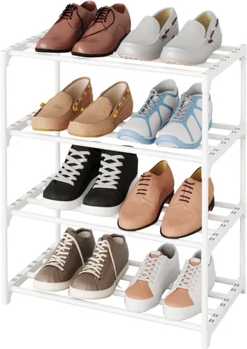 Vista 6 de Zapatero pequeño apilable, soporte estrecho para zapatos para niños, estante de almacenamiento de zapatos de metal para 6-8 pares de zapatos, Negro