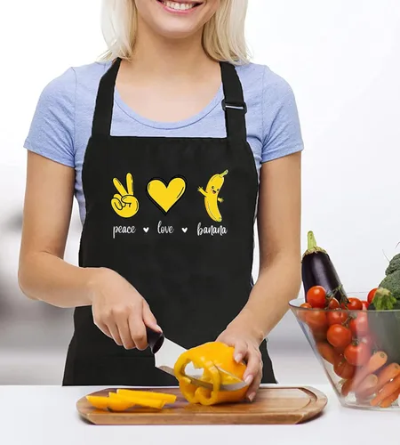 Vista 2 de Peace Love - Delantales de plátanos para mujer con 2 bolsillos, bonito gráfico de frutas, impermeable, ajustable, delantal de cocina