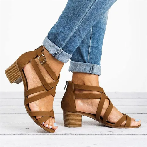 Vista 4 de Sandalias de tacón grueso para mujer, elegantes sandalias de tacón grueso con tiras cruzadas de pescador, elegantes botines romanos