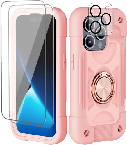 Vista 51 de Funda para iPhone 11 de 6.1 pulgadas con soporte de anillo, con 2 protectores de pantalla de vidrio, resistente a los golpes, resistente a