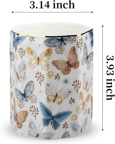 Vista 4 de Jwest - Soporte para bolígrafo, de cerámica, dorado brillante, con diseño de mariposa, para niñas, niños y mujeres, duradero, organizador
