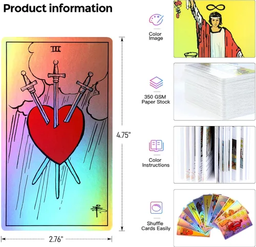 Vista 2 de Cartas de tarot holográficas, baraja de tarot de 78 cartas con guía