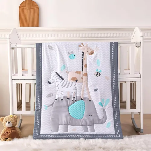 Vista 10 de Juego de ropa de cama para cuna de dinosaurio para niños, color azul, juego de ropa de cama de 3 piezas de alta calidad, juego de cuna de guardería
