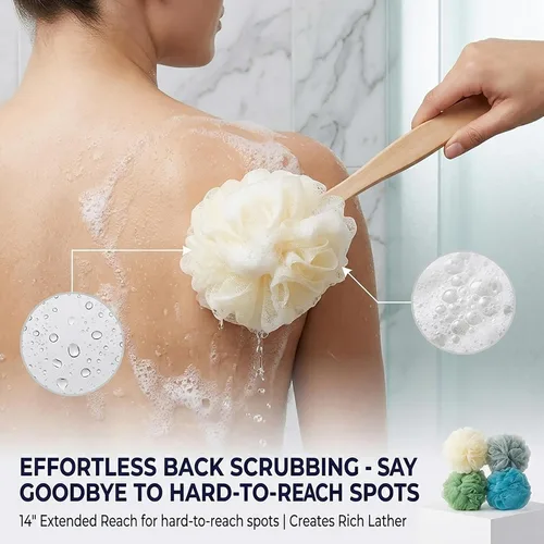Vista 4 de Paquete de 4 esponjas grandes de esponja de esponja de baño con mango largo para ducha, cepillo de espalda para el cuerpo de baño, cepillo de spa