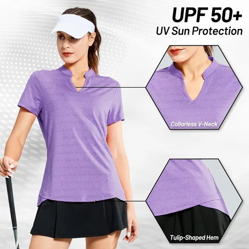 Vista 3 de MIER Polo de golf para mujer, sin cuello, UPF 50+, manga corta, tenis y correr, cuello en V