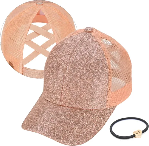 Vista 24 de C.C Gorra de béisbol de malla con diseño de estrella brillante, gorra de camionero ajustable para moño o cola de caballo Una banda elástica-negro