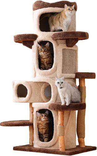 Vista 8 de RPZ Árbol para gatos de madera maciza de lujo de 54.7 pulgadas para gatos pequeños a medianos, poste rascador de madera natural con rama real