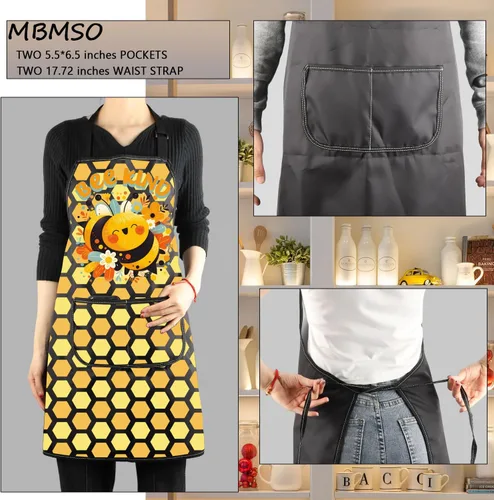 Vista 3 de MBMSO Delantal de abeja con bolsillos, delantal de abeja, regalos para amantes de las abejas de la miel, delantal de cocina, delantal de cocina