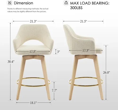 Vista 7 de Zesthouse Juego de 2 taburetes giratorios para mostrador, taburetes de bar de altura de mostrador de madera con respaldo y brazo, taburetes de bar