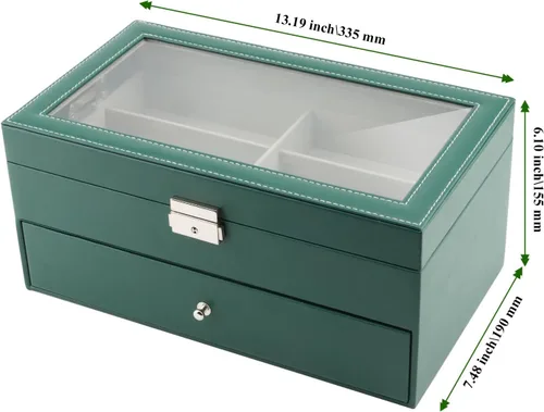 Vista 2 de Organizador de almacenamiento de lentes de sol de 12 ranuras, de doble capa, de cuero, con cerradura, caja de almacenamiento con cajón para mujeres
