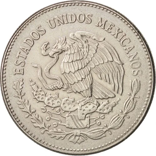 Vista 2 de 1982 Moneda de 50 Pesos con la Diosa Coyolxauhqui. Moneda Mexicana Celebrando la Cultura Azteca. 50 Pesos del Vendedor en Condición Circulada