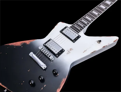 Vista 3 de KGD Relic - Guitarra eléctrica de metal pesado de 6 cuerdas con tuerca de hueso, guitarra eléctrica profesional para adultos (negro y blanco)