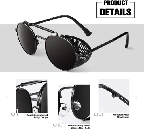 Vista 3 de Retro Round Polarized Steampunk Sunglasses Men Women Side Shield Goggles Gothic S92-ADVANCED POLARIZED