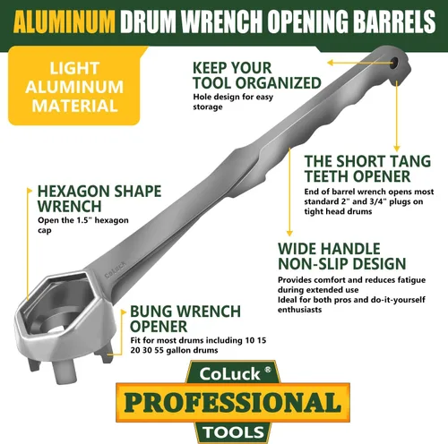 Vista 3 de Llave Bung, llave de tambor 3 en 1 actualizada, herramienta de abridor de barril de aluminio para abrir tambor de 10, 15, 20, 30, 55 galones, se