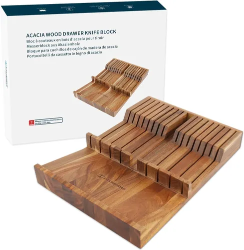 Vista 8 de KITCHENDAO Bloque de cuchillos de madera de acacia de 20 ranuras sin cuchillos, soporte universal para cuchillos de cocina, sostiene múltiples tipos