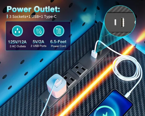 Vista 5 de MOTPK Escritorio para juegos de 55 pulgadas con luces LED y toma de corriente, escritorio de computadora para espacios pequeños, mesa