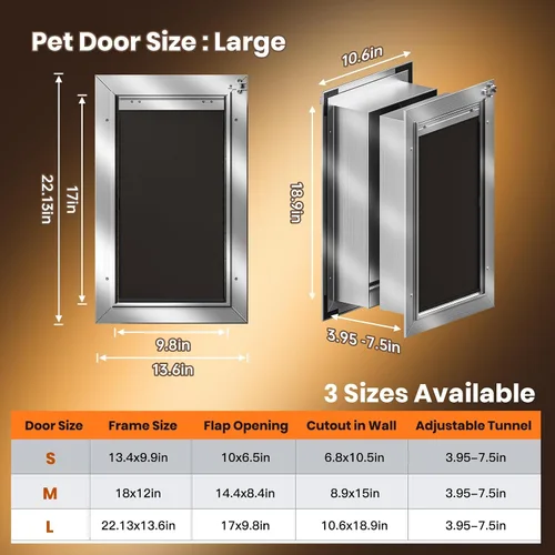 Vista 5 de Puerta de perro para pared, puerta grande para perro, puerta resistente para mascotas con todo aluminio, 2 solapas magnéticas, túnel telescópico