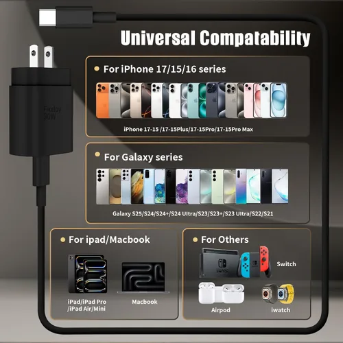 Vista 4 de Cargador de Bloque USB C de carga rápida para iPhone 17 16 Pro Max, cargadores USB-C de 30 W con cable largo de carga rápida tipo C de 3/6/10 pies