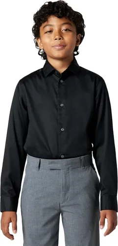 Vista 2 de Calvin Klein Boys' Long Sleeve Sateen Dress Shirt, Button-Down Style with Buttoned Cuffs & Shirttail Hem Negro