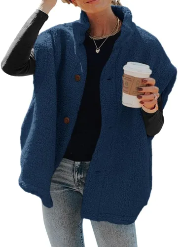 Vista 11 de Hongqizo - Chaleco de forro polar mullido para mujer, casual, de gran tamaño, cálido, con botones, chaqueta de sherpa con bolsillos