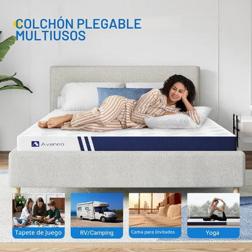 Vista 4 de Avenco Cubrecolchón de triple pliegue, colchón plegable de 4 pulgadas, tamaño individual, espuma viscoelástica plegable con funda extraíble y Azul