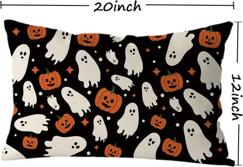 Vista 2 de GAGEC Fundas de almohada de Halloween de 12 x 20 pulgadas, funda de almohada de lino con calabazas fantasmas, fundas de almohada de lino