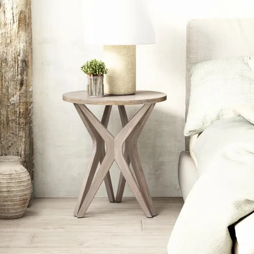 Vista 12 de Mesa auxiliar estilo rústico con pedestal, superficie envejecida con base de trípode, mesita de noche para sala de estar, moderna, decoración boho