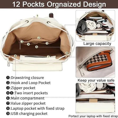 Vista 7 de Bluboon Mochila vintage con ribete de cuero casual para hombres y mujeres, mochila de viaje para computadora portátil