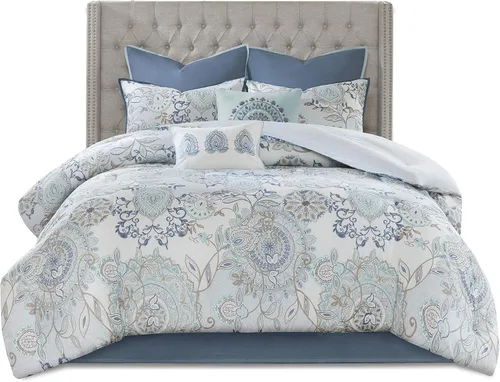 Vista 8 de Madison Park Juego de temporada, falda de cama a juego, almohadas decorativas, Queen (90 x 90 pulgadas), Isla, medallón floral azul, 8 piezas