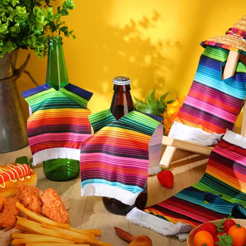 Vista 3 de Zubebe 30 piezas de poncho de cerveza mini serapes para Cinco de Mayo, poncho mexicano de sarapes surtidos, cubierta de bebida para botellas