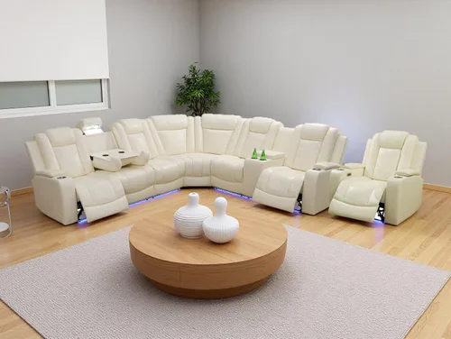 Vista 15 de Sofá reclinable de cuero transpirable con luz LED, sofá modular eléctrico con consola de almacenamiento, soporte para tazas para cine en casa, sala