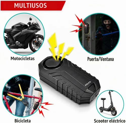 Vista 4 de Police Alarma de bicicleta con control remoto 113dB inalámbrico antirrobo vibración, sensor de movimiento, sistema de seguridad impermeable