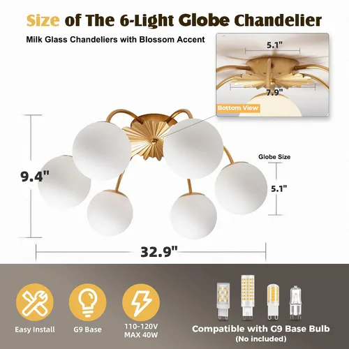 Vista 2 de Longree Sputnik - Lámpara de techo semiempotrada con forma de globo de vidrio de leche de 6 luces, color dorado, arte de mediados de siglo, moderna