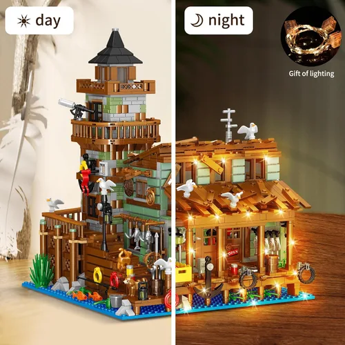Vista 5 de 1881 piezas de bloques de construcción de cabaña de madera de pueblo pesquero con iluminación LED, ideales creativos, juegos de construcción