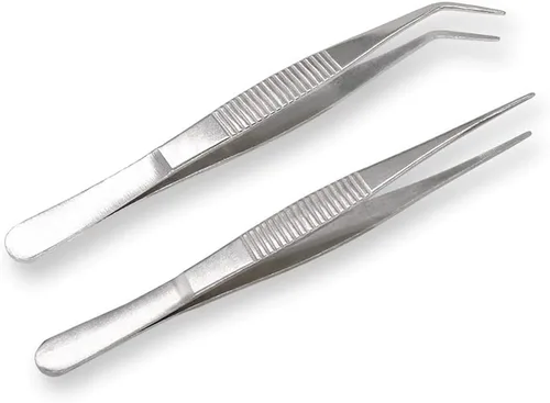 Vista 5 de Pinzas de acero inoxidable de 5 pulgadas con punta dentada recta y curvada, pinzas multiusos para reparación de manualidades, paquete de 2