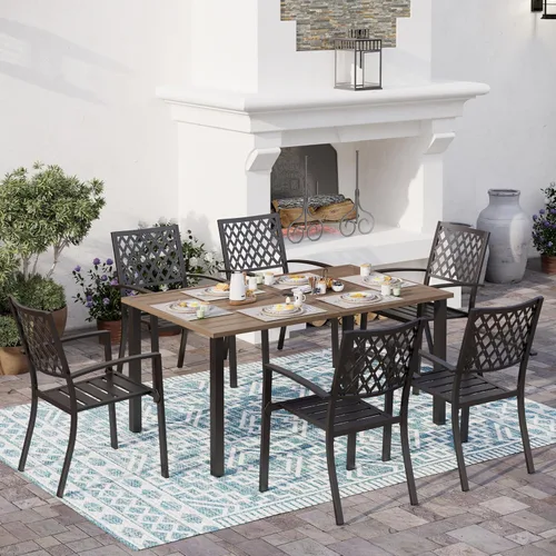 Vista 4 de SUNSHINE VALLEY Juego de comedor de patio de 7 piezas para 6, mesa de metal similar a la madera de 60 x 36 pulgadas con agujero para sombrilla y 6
