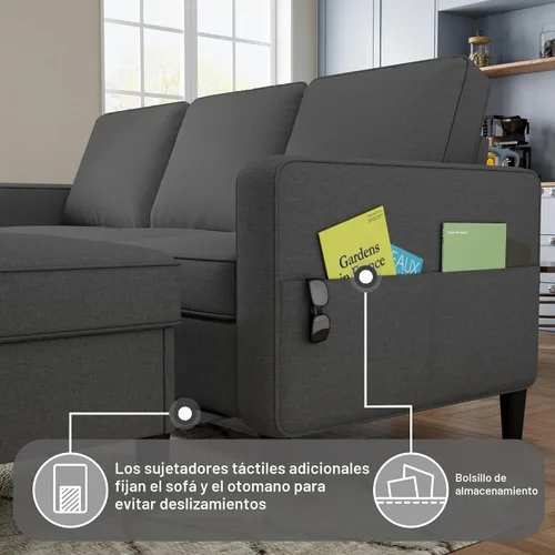 Vista 6 de Sofá modular para sala de estar, sofá gris oscuro de 3 plazas en forma de L con otomana de almacenamiento, cómodos sofás seccionales convertibles